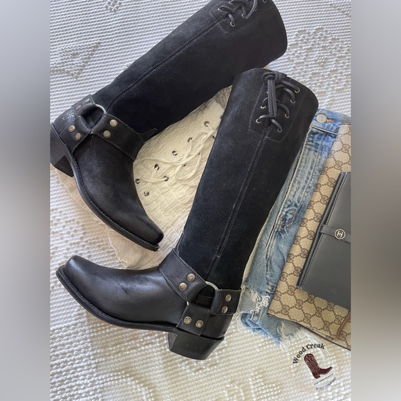 Frye Shoes - FRYE | Black Suede Harness Boots 15R